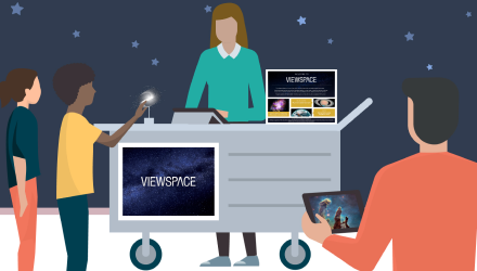 Illustration showing a museum educator interacting with visitors at a cart featuring ViewSpace. One visitor has a tablet showing a ViewSpace interactive of the Eagle Nebula.