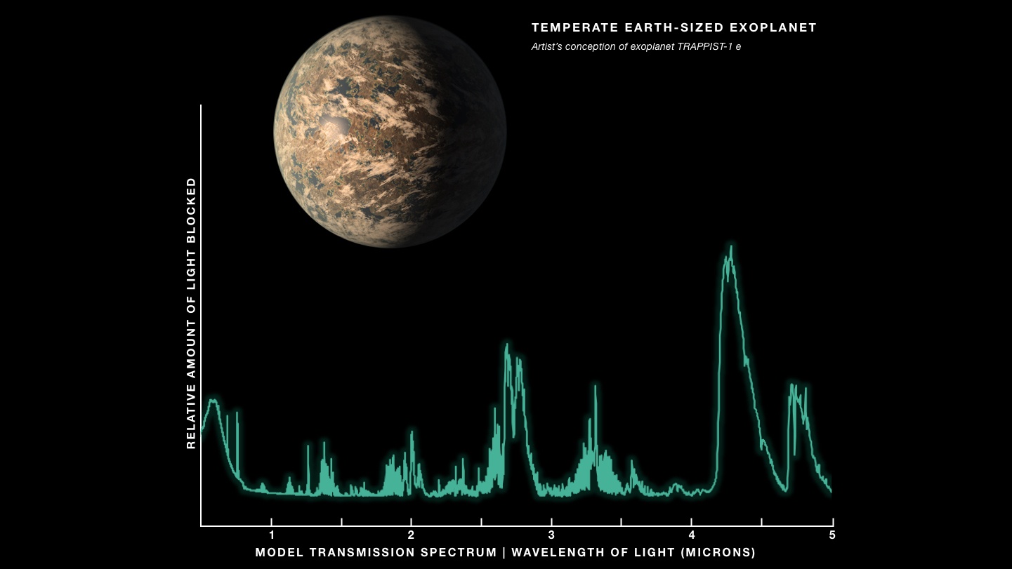 Earth-like exoplanet art; spectrum with some peaks labeled