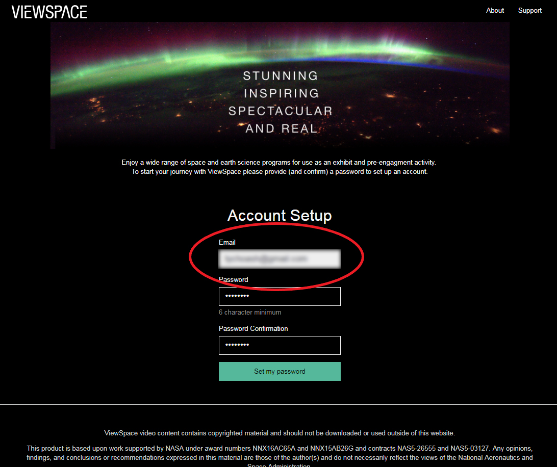 Screenshot of the ViewSpace Account Setup page showing three fields. From top to bottom, the fields are for: email, password, and password confirmation. The top field, email, has a red oval around it.
