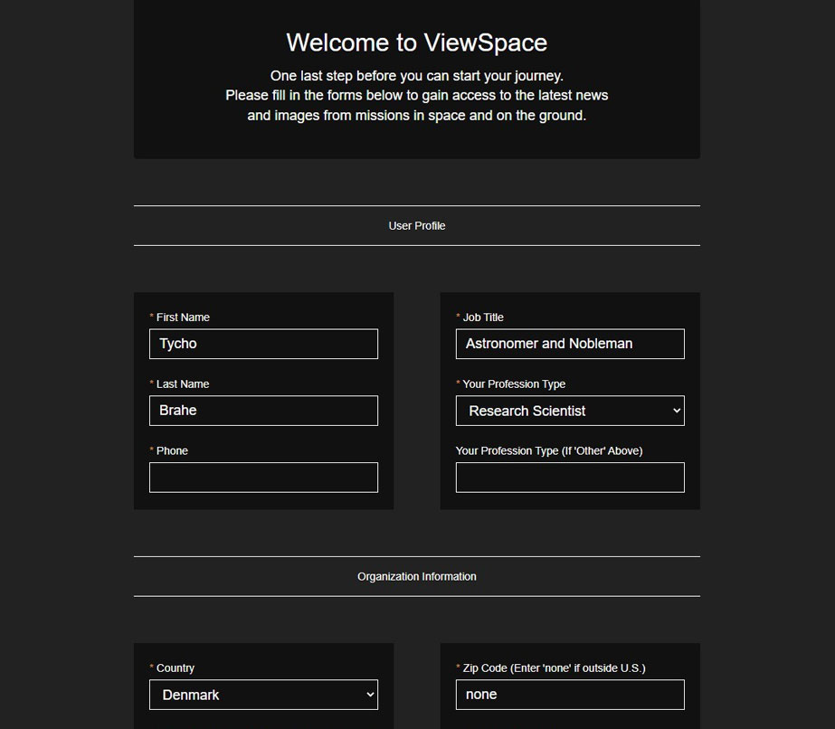 Screenshot of a User Profile, which has multiple information fields. Some fields have text and others are empty.