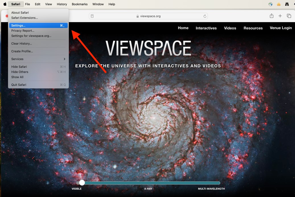 Screenshot of a computer screen with the viewspace.org home page. A drop-down menu extends below the word “Safari,” which is selected from the menu bar at the top of the screen. A red arrow points to the third option from the top of the drop-down menu, which is titled “Settings…” It is selected and highlighted in blue.