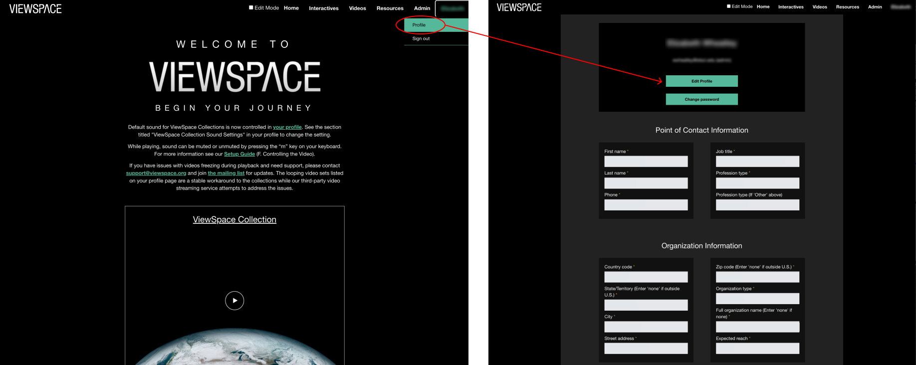 Two screenshots of the ViewSpace platform. On the left, the ViewSpace Video Collections page is shown with a red oval highlighting the top right corner where the “Profile” tab is located. On the right, the User Profile page is shown with different information fields listed.