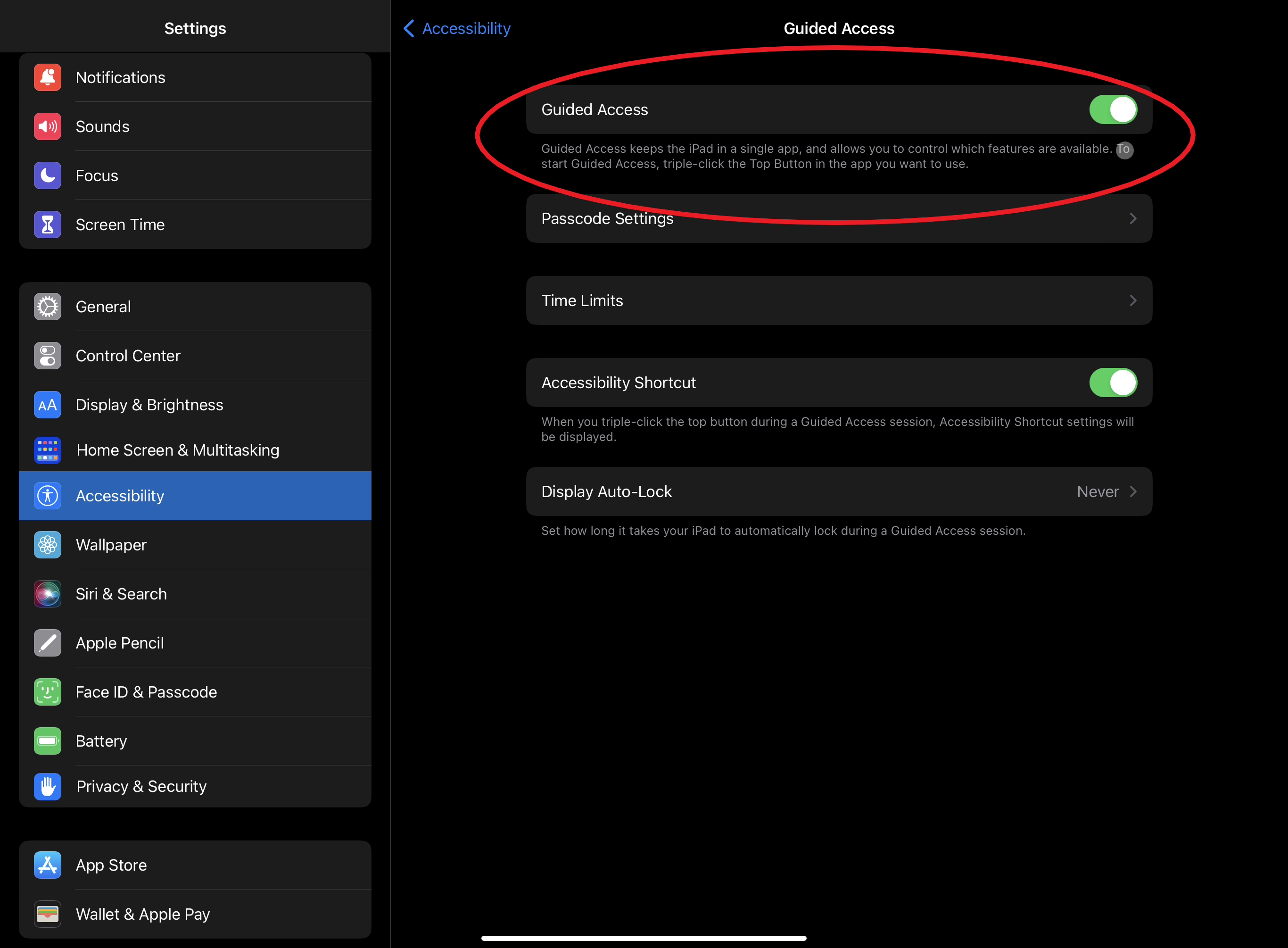 Screenshot showing the Settings menu on the left with the Accessibility option highlighted. On the right is the Guided Access box. The Guided Access on/off toggle is circled in red.