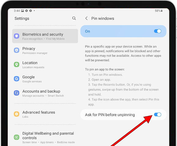 Screenshot showing the security settings menu on a Samsung tablet, with a red arrow pointing to the toggle beside the words "Ask for PIN before unpinning," which is highlighted in blue, indicating it has been turned on.