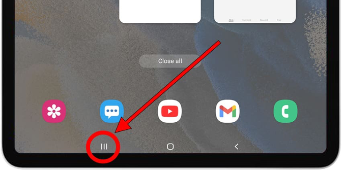 Screenshot of the lower portion of a Samsung tablet screen. It displays a red-circled navigation button on the lower left that resembles three vertical tally lines, with a red arrow pointing to its location.